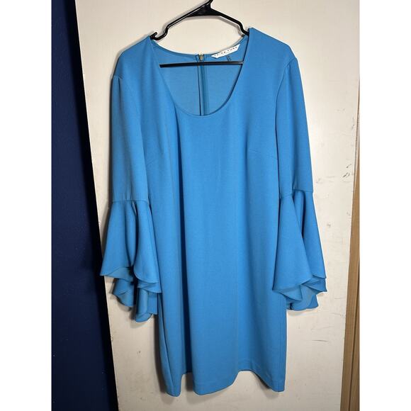 Trina Turk Babette Blue Short Dress Bell Ruffled Sleeves SZ 14 - Picture 2 of 9